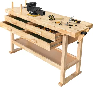 Olympia Tools 60-Inch Wooden Workbench - Rubberwood Workbench with 4-Drawer, 450lbs Weight Capacity - Perfect Workbench for Garage, Workshop and Home, Natural