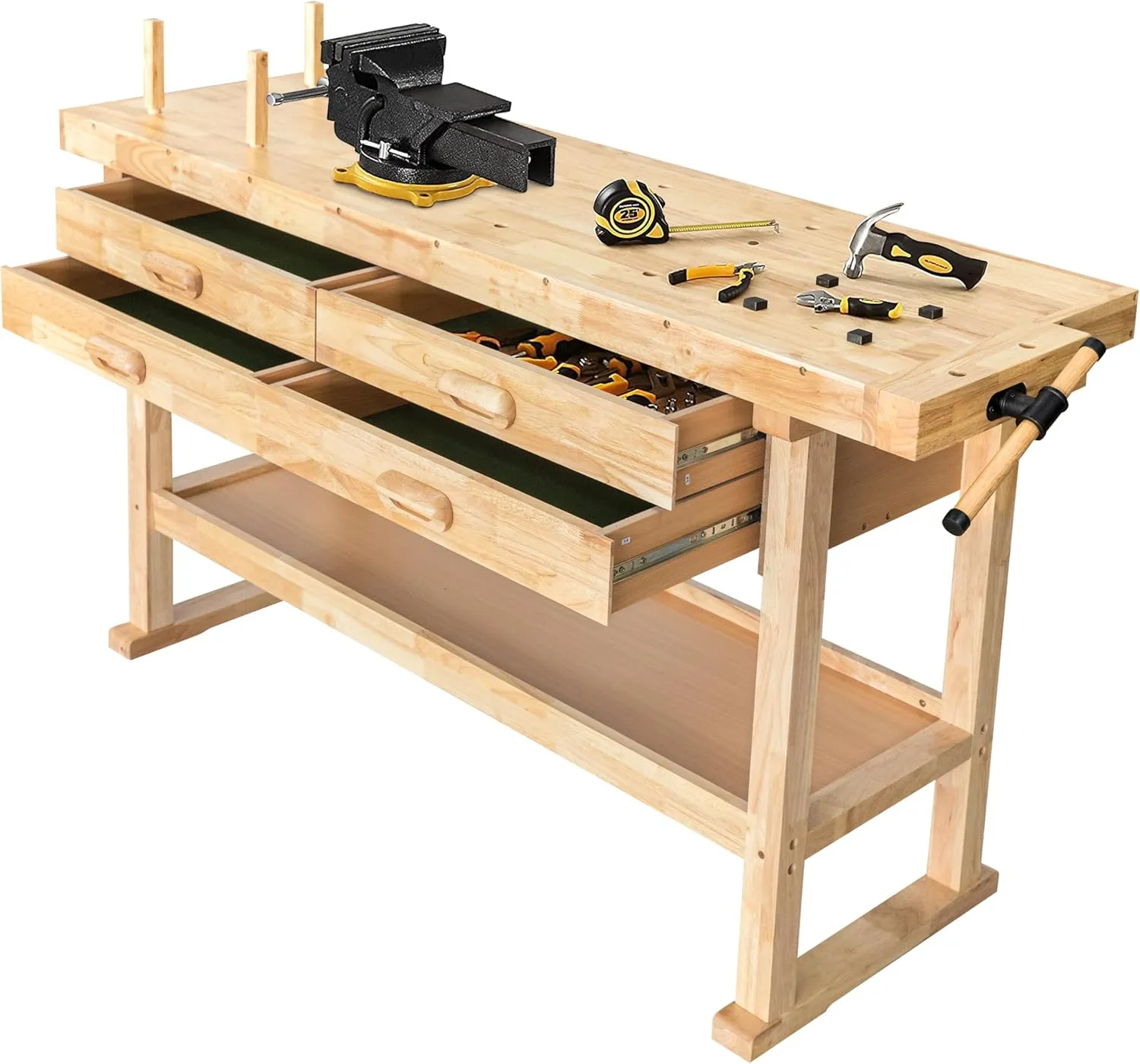 Olympia Tools 60-Inch Wooden Workbench - Rubberwood Workbench with 4-Drawer, 450lbs Weight Capacity - Perfect Workbench for Garage, Workshop and Home, Natural