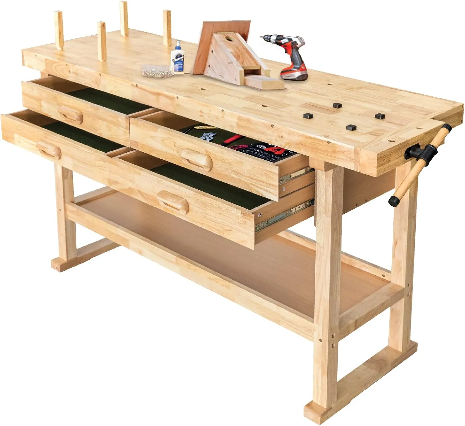 Olympia Tools 60-Inch Wooden Workbench - Rubberwood Workbench with 4-Drawer, 450lbs Weight Capacity - Perfect Workbench for Garage, Workshop and Home, Natural