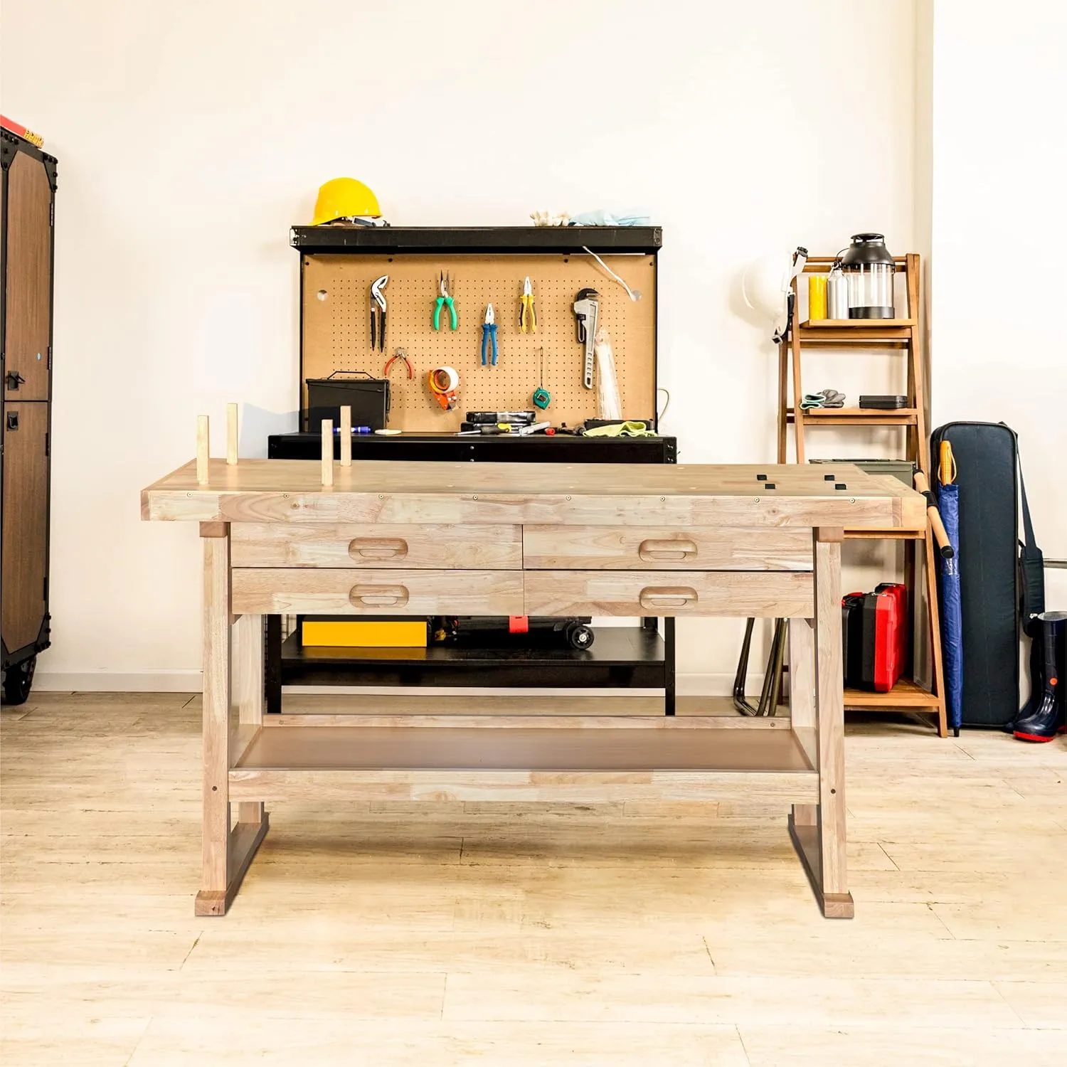Olympia Tools 60-Inch Wooden Workbench - Rubberwood Workbench with 4-Drawer, 450lbs Weight Capacity - Perfect Workbench for Garage, Workshop and Home, Natural