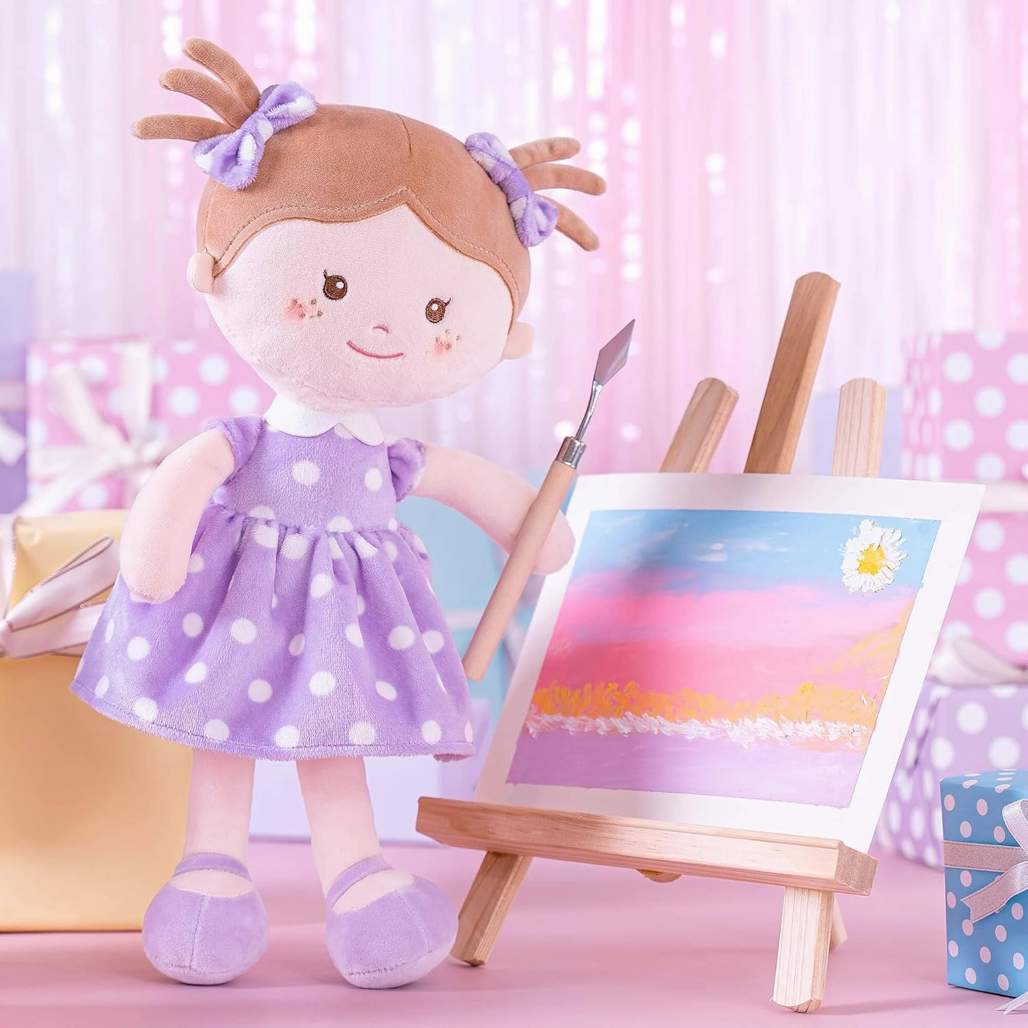 Onetoo Plush Rag Doll First Baby Doll Soft Baby Doll Sleeping Cuddle Buddy Doll for Girls Wear Purple Polka Dot Dress 14"（Milly Series）