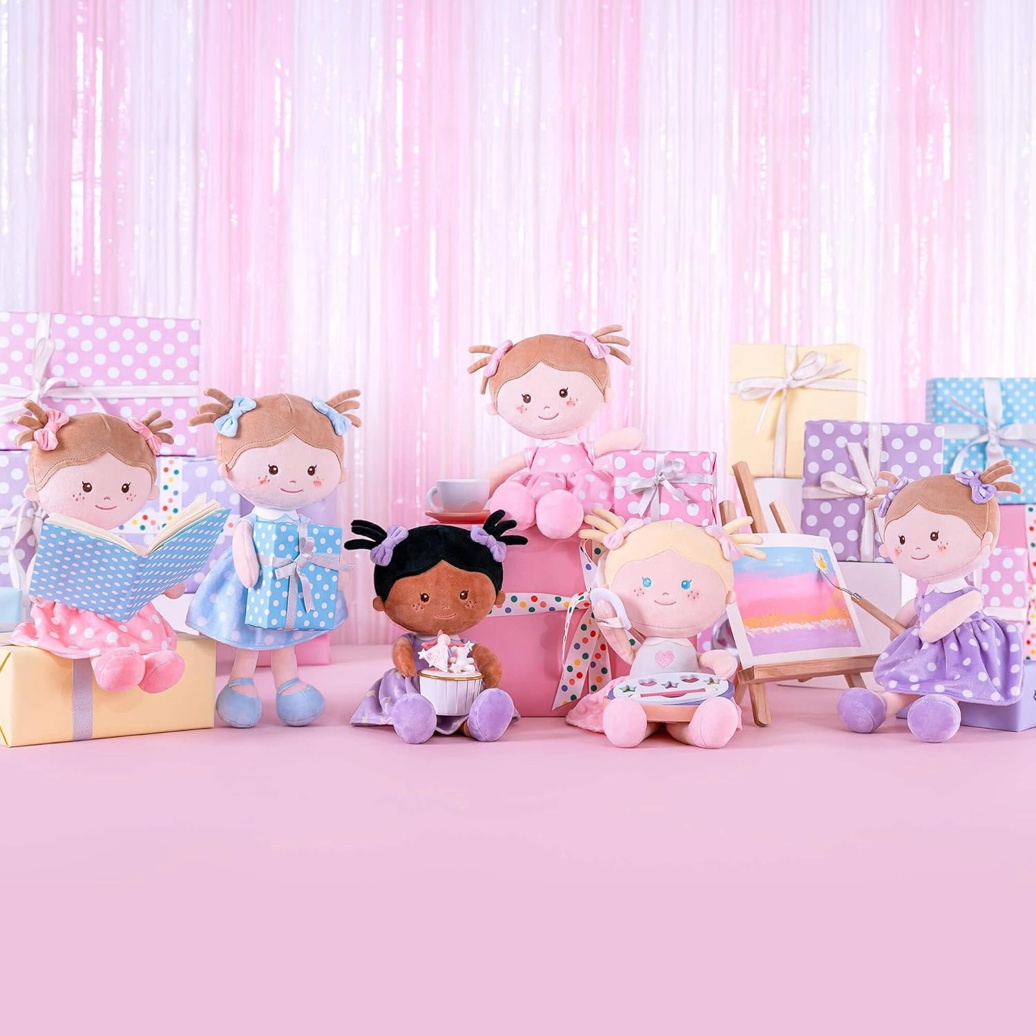 Onetoo Plush Rag Doll First Baby Doll Soft Baby Doll Sleeping Cuddle Buddy Doll for Girls Wear Purple Polka Dot Dress 14"（Milly Series）