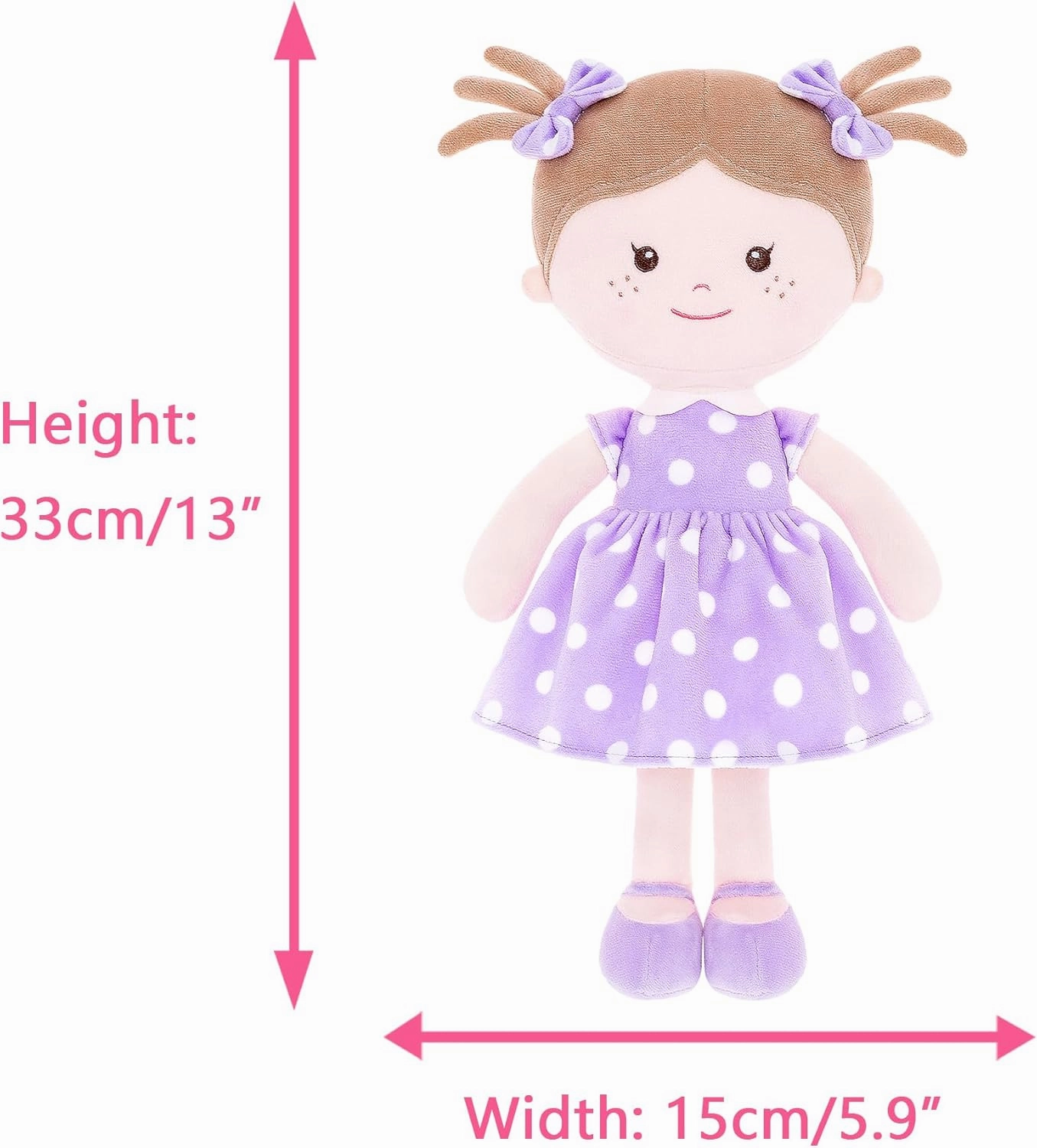 Onetoo Plush Rag Doll First Baby Doll Soft Baby Doll Sleeping Cuddle Buddy Doll for Girls Wear Purple Polka Dot Dress 14"（Milly Series）