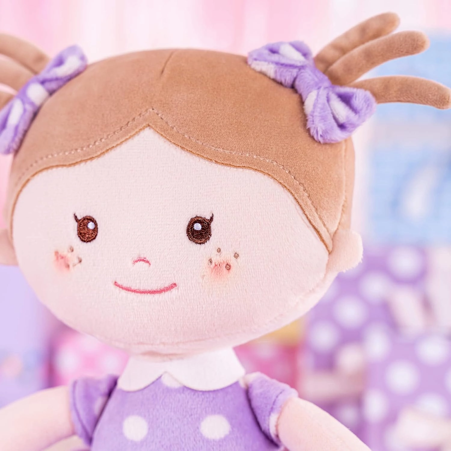 Onetoo Plush Rag Doll First Baby Doll Soft Baby Doll Sleeping Cuddle Buddy Doll for Girls Wear Purple Polka Dot Dress 14"（Milly Series）