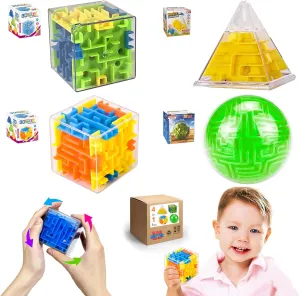 OnlyGeniusMind 4in1 Puzzle Cubes Gift Set - 4 * 36 Challenges Big Sized 3D Maze, 3D Rolling Ball Maze, Pyramid Puzzle, Premium Brain Twister for Kids and Adults