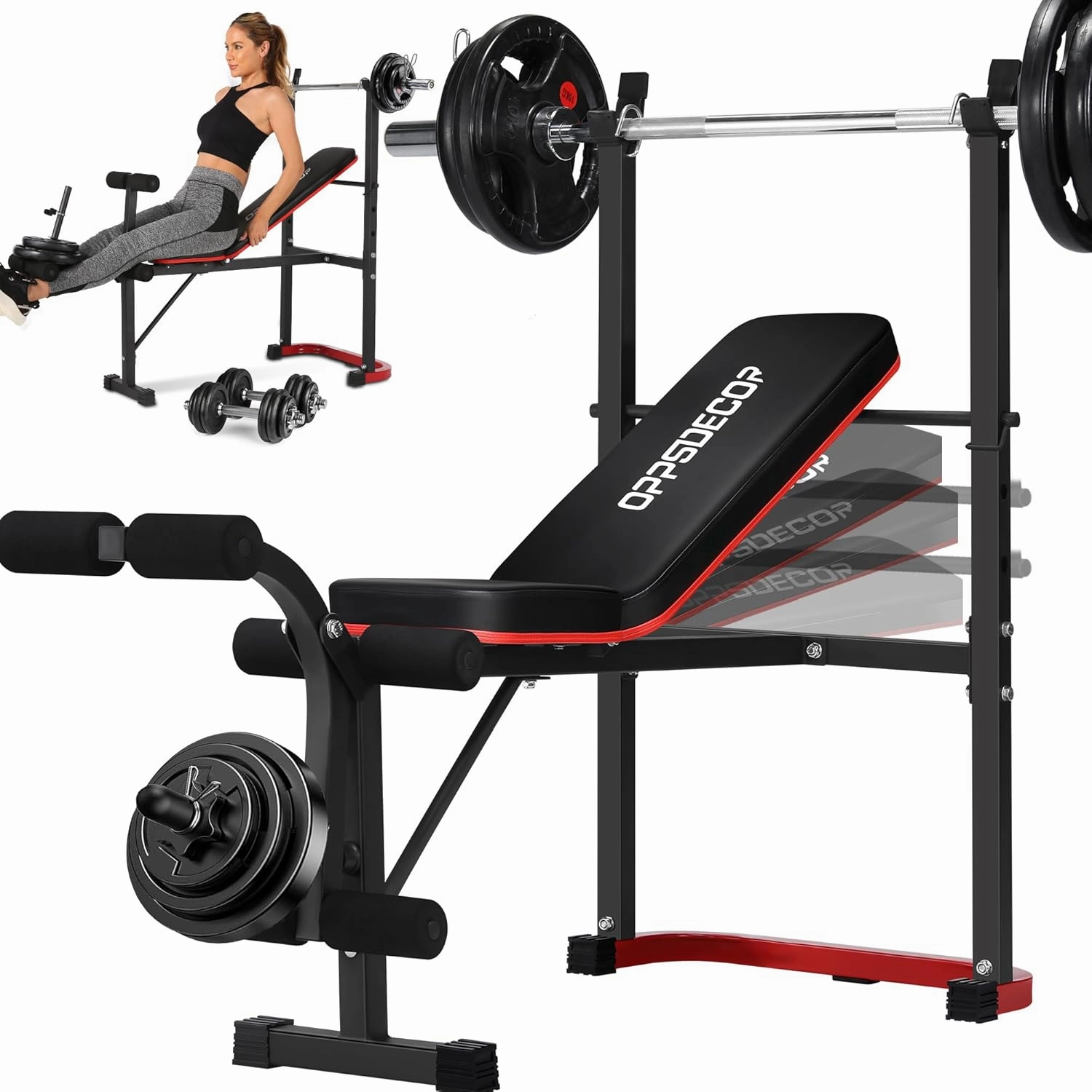 OPPSDECOR Standard Weight Bench with Leg Extension and Leg Curl, Adjustable Bench Press with Preacher Curl Pad, 660LBS Flat/Incline Workout Bench for Home Gym, Ideal for Teens