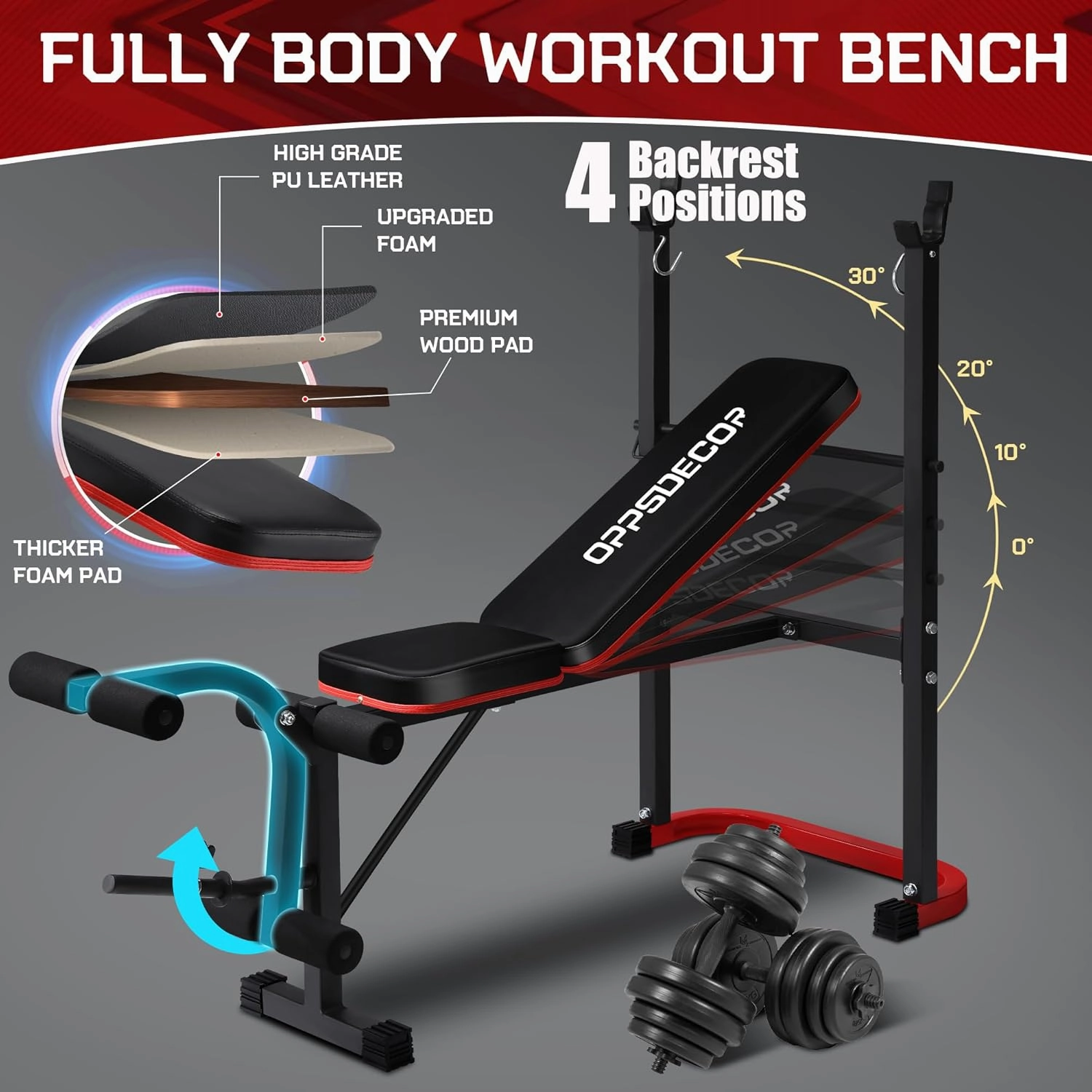 OPPSDECOR Standard Weight Bench with Leg Extension and Leg Curl, Adjustable Bench Press with Preacher Curl Pad, 660LBS Flat/Incline Workout Bench for Home Gym, Ideal for Teens