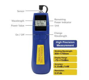 Optical Power Meter -70~ 10 dBm Fiber Light Meter for Testing 6 Calibrated Wavelengths, 68g Light Weighted