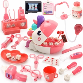 ORANGE OCEAN 34 PCS Dentist Play Set for Girls Kids, Pretend Play Doctor Kit for Kids Toddlers Ages 2-4 3-5, Kid Dentist Play Doctor Set with Light & Sound, Toys Gifts for 3 4 5 Year Old Girls Boys