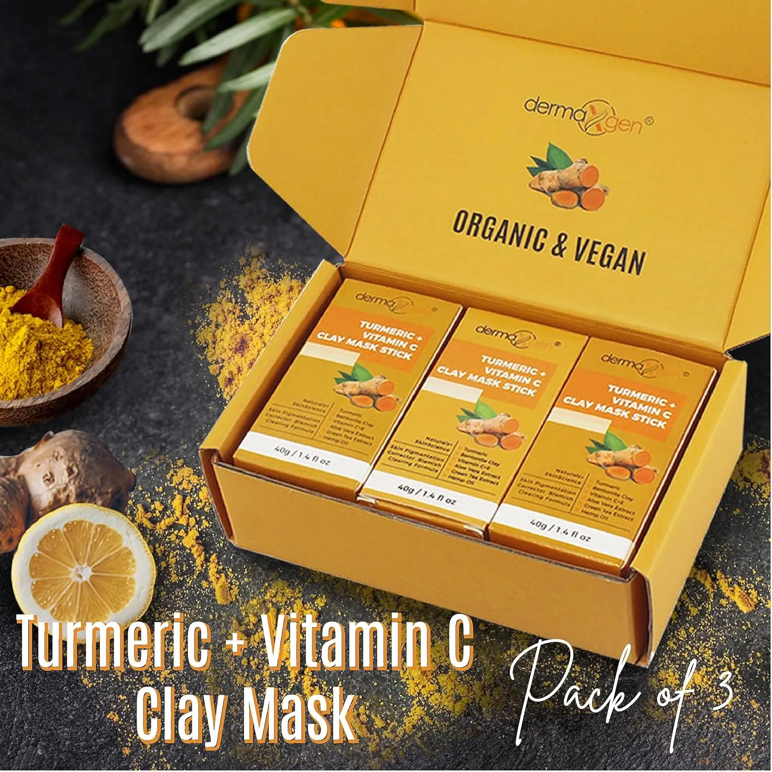Organic Clay Mask Stick – Turmeric Mask Stick for Acne Scars & Pore Cleansing – Helps Even Skin Tone & Improve Texture – All-Natural Skin Repair Formula – 1.4 Fl Oz (Pack of 3)