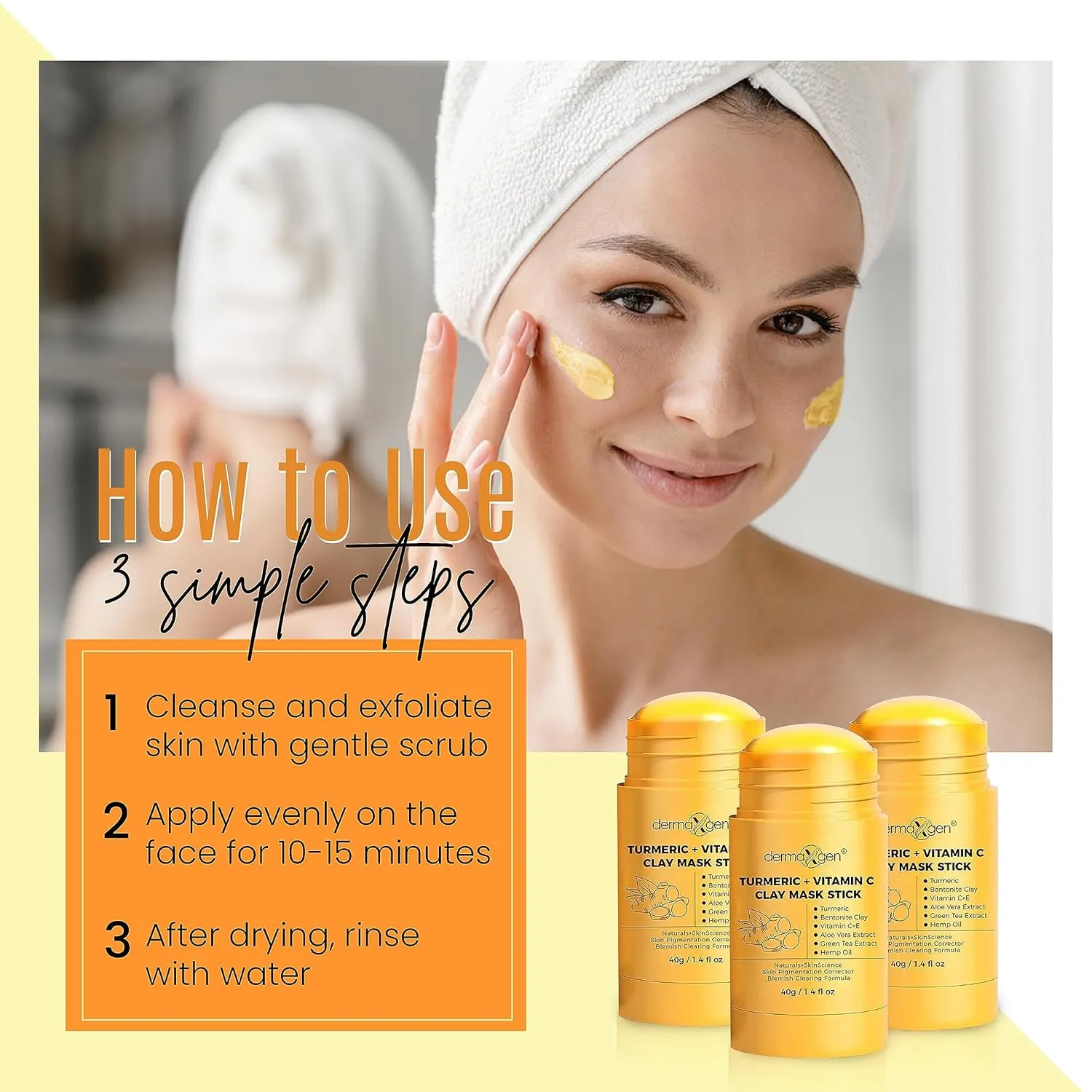 Organic Clay Mask Stick – Turmeric Mask Stick for Acne Scars & Pore Cleansing – Helps Even Skin Tone & Improve Texture – All-Natural Skin Repair Formula – 1.4 Fl Oz (Pack of 3)