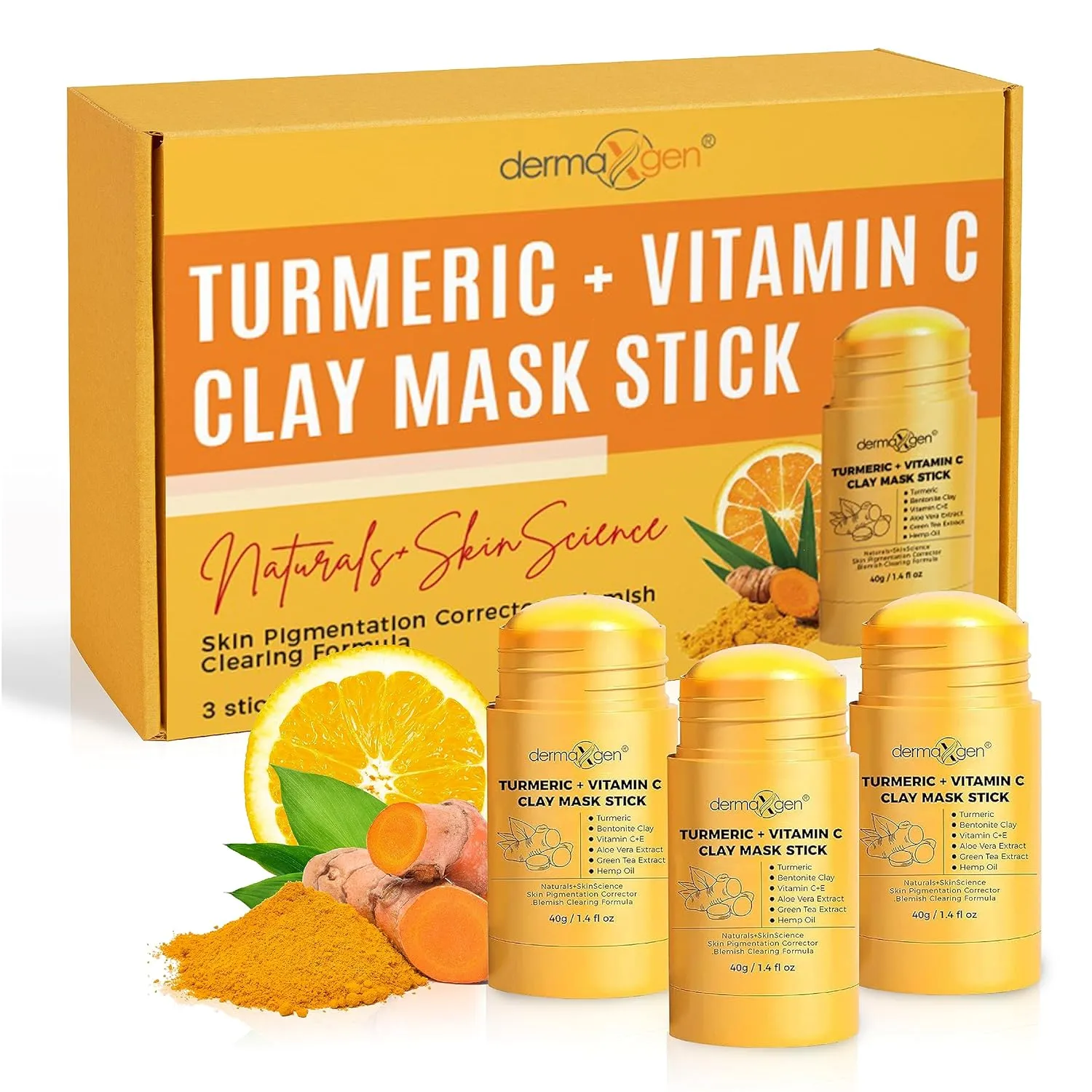 Organic Clay Mask Stick – Turmeric Mask Stick for Acne Scars & Pore Cleansing – Helps Even Skin Tone & Improve Texture – All-Natural Skin Repair Formula – 1.4 Fl Oz (Pack of 3)
