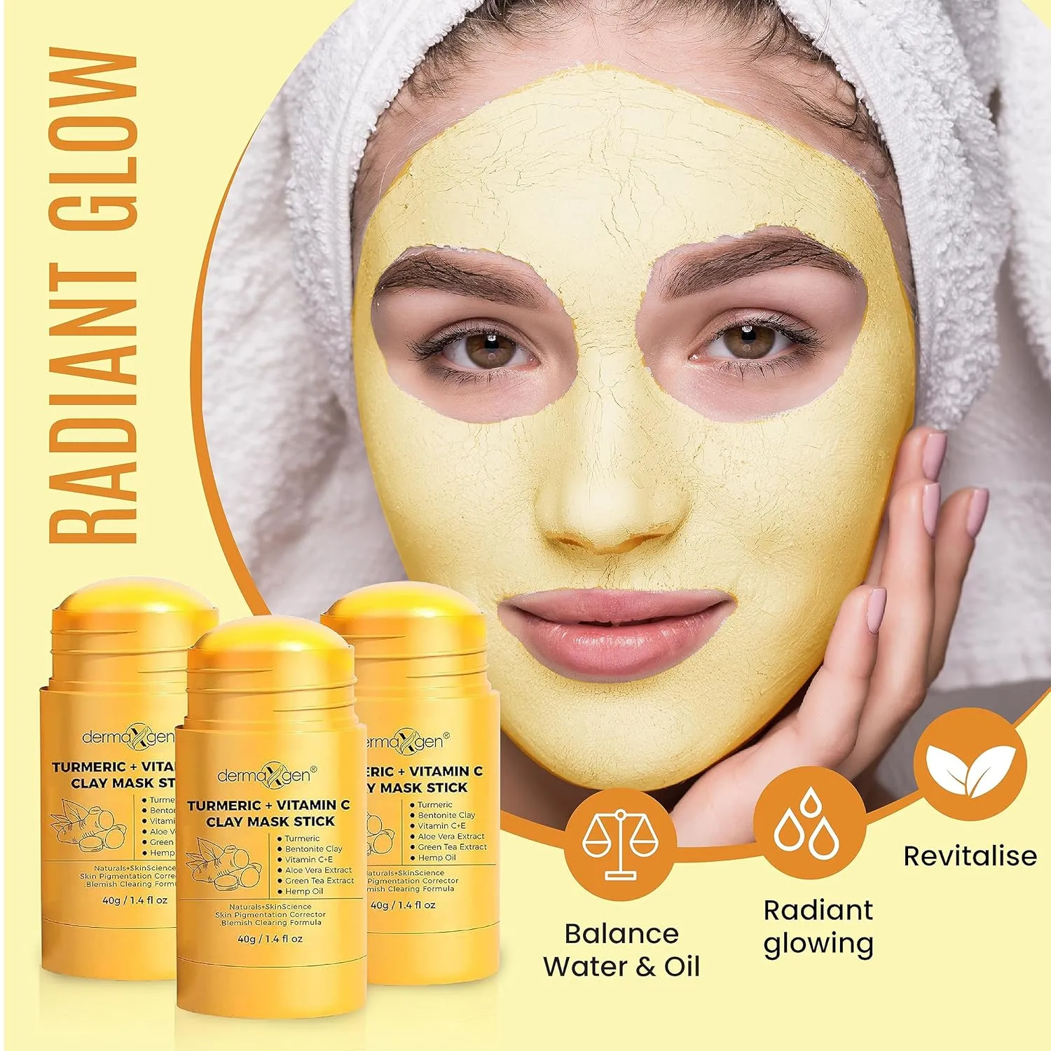 Organic Clay Mask Stick – Turmeric Mask Stick for Acne Scars & Pore Cleansing – Helps Even Skin Tone & Improve Texture – All-Natural Skin Repair Formula – 1.4 Fl Oz (Pack of 3)
