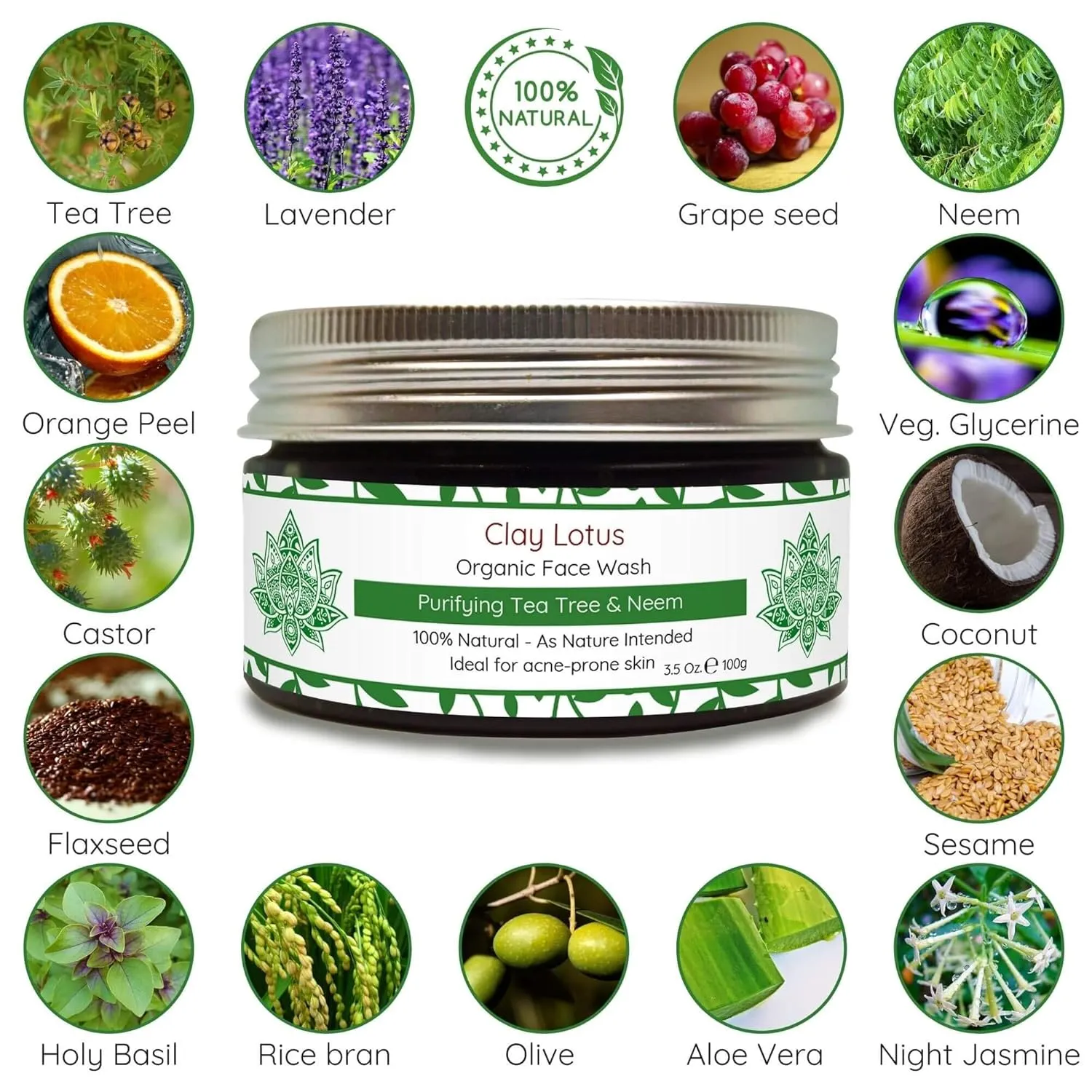 Organic Face Wash - Acne-Prone, Oily Skin Cleanser with Tea Tree Oil & Neem. All-Natural Ingredients for Blemishes, Redness & Blackheads, Vegan Formula For Teens, Women and Men