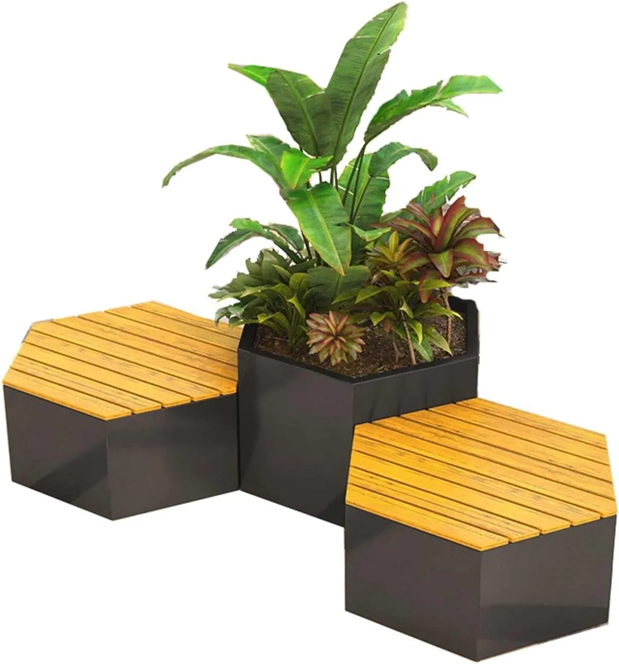Outdoor Park Planter Bench 1 Flower Box and 2 Seating Benches Set for Outdoor Garden Square Outdoor Flowerbox with Bench Park Flower Box Bench(Black,L300*D75*H55cm)