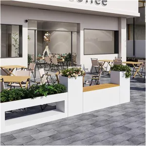 Outdoor Park Planter Bench Patio Bench and Raised Planter Bench Set Includes: 1 Long Planting Box, 1 Bench, 2 Tall Square Planting Boxes Ideal for Outdoors and Indoors, White Stainless Steel Finis Par