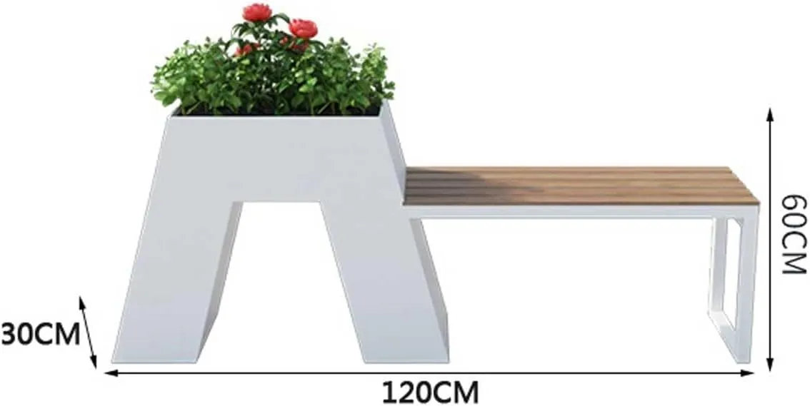 Outdoor Park Planter Bench White Galvanized Sheet Commercial Metal Flower Box Combination Iron Flower Box with Wooden Benches to Grow Green Plants, Flowers and Vegetables Park Flower Box Bench(Small)