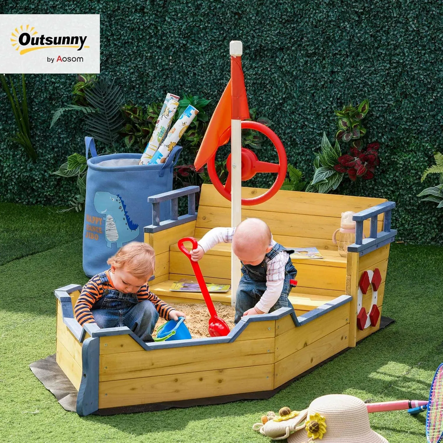 Outsunny Wooden Kids Pirate Sandbox, Outdoor Sandboat with Bench Seats, Storage, Non-Woven Fabric Cloth for Backyard, Lawn, Natural Wood
