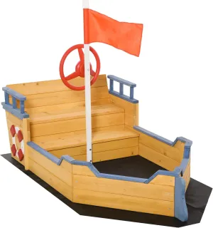 Outsunny Wooden Kids Pirate Sandbox, Outdoor Sandboat with Bench Seats, Storage, Non-Woven Fabric Cloth for Backyard, Lawn, Natural Wood