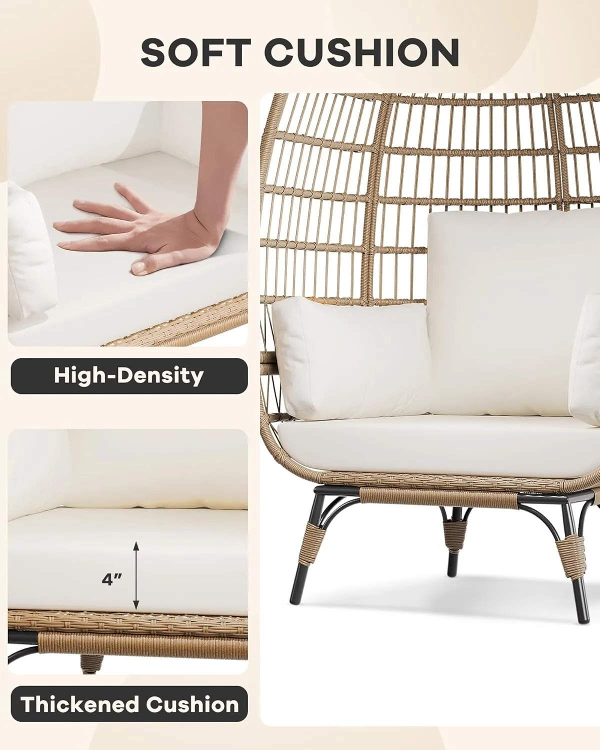 Oversize Rattan Egg Chair Indoor/Outdoor Wicker Egg Basket Lounge Chair Egg-Shaped Chair w/Steel Frame Stand and 4 Cushions for Patio, Porch, Backyard, Living Room, Beige