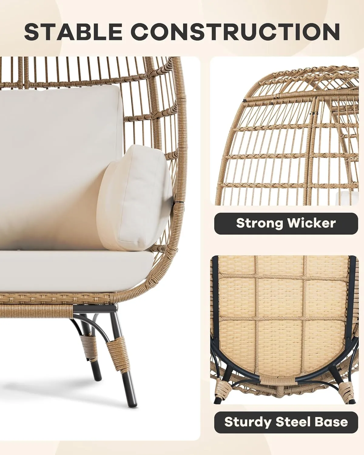 Oversize Rattan Egg Chair Indoor/Outdoor Wicker Egg Basket Lounge Chair Egg-Shaped Chair w/Steel Frame Stand and 4 Cushions for Patio, Porch, Backyard, Living Room, Beige