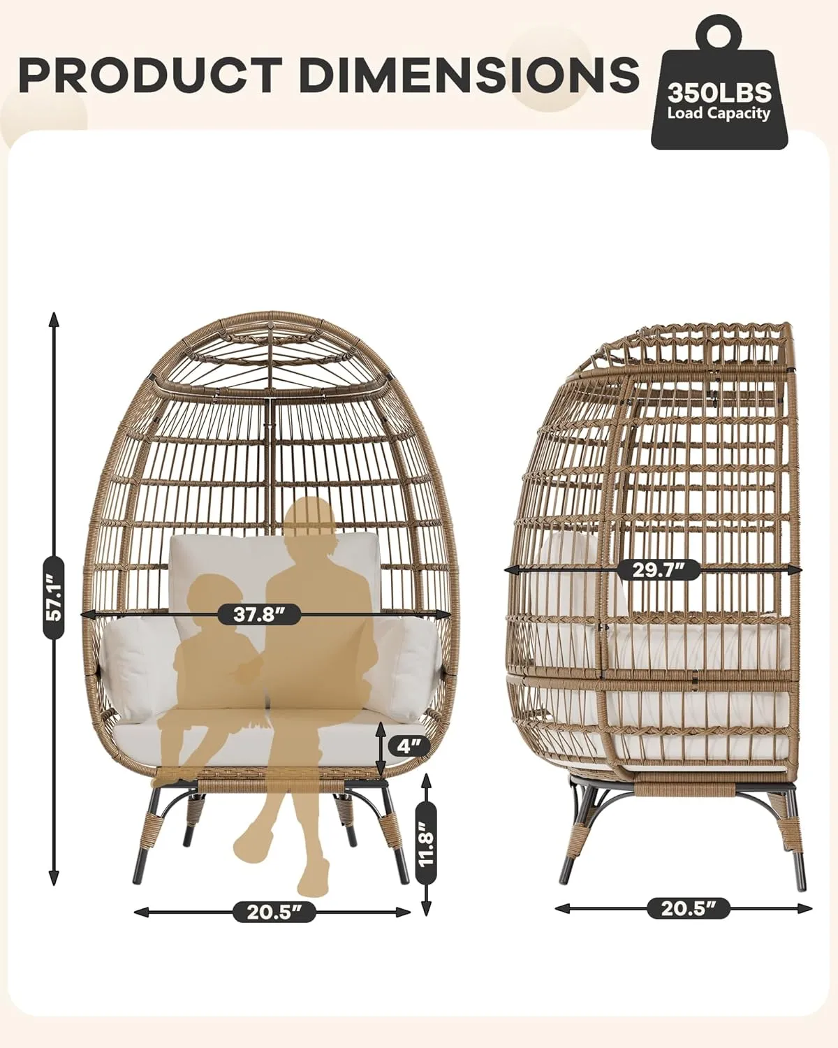 Oversize Rattan Egg Chair Indoor/Outdoor Wicker Egg Basket Lounge Chair Egg-Shaped Chair w/Steel Frame Stand and 4 Cushions for Patio, Porch, Backyard, Living Room, Beige