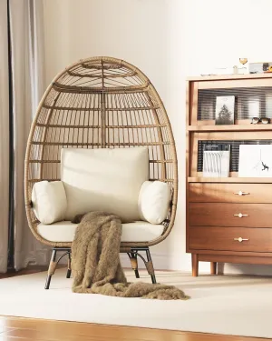 Oversize Rattan Egg Chair Indoor/Outdoor Wicker Egg Basket Lounge Chair Egg-Shaped Chair w/Steel Frame Stand and 4 Cushions for Patio, Porch, Backyard, Living Room, Beige