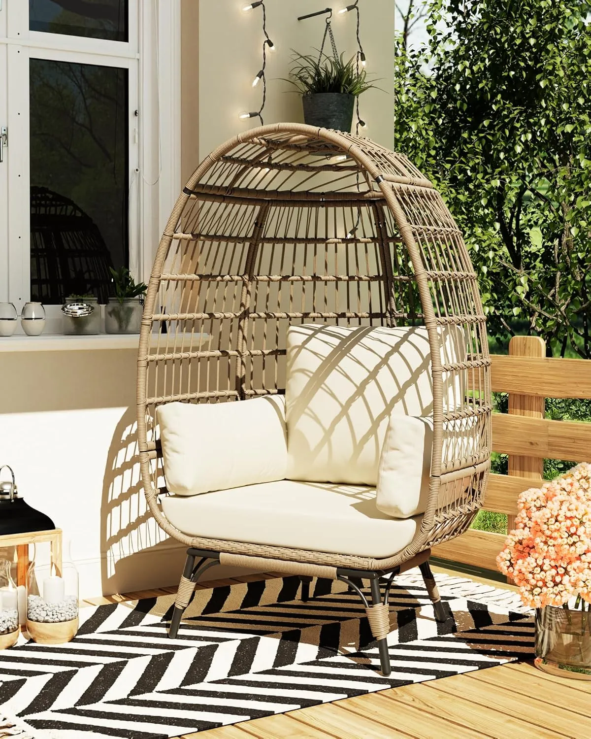 Oversize Rattan Egg Chair Indoor/Outdoor Wicker Egg Basket Lounge Chair Egg-Shaped Chair w/Steel Frame Stand and 4 Cushions for Patio, Porch, Backyard, Living Room, Beige