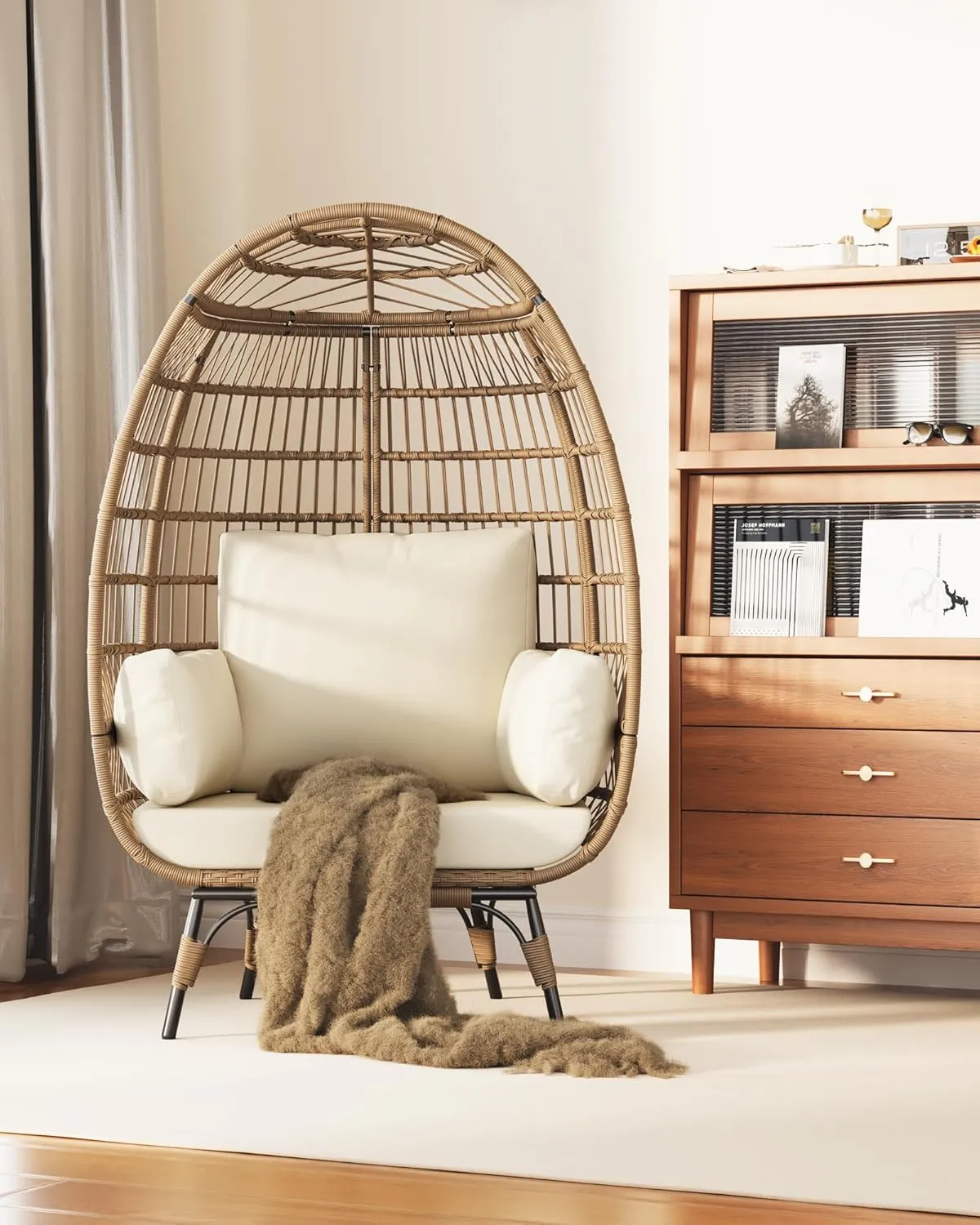 Oversize Rattan Egg Chair Indoor/Outdoor Wicker Egg Basket Lounge Chair Egg-Shaped Chair w/Steel Frame Stand and 4 Cushions for Patio, Porch, Backyard, Living Room, Beige