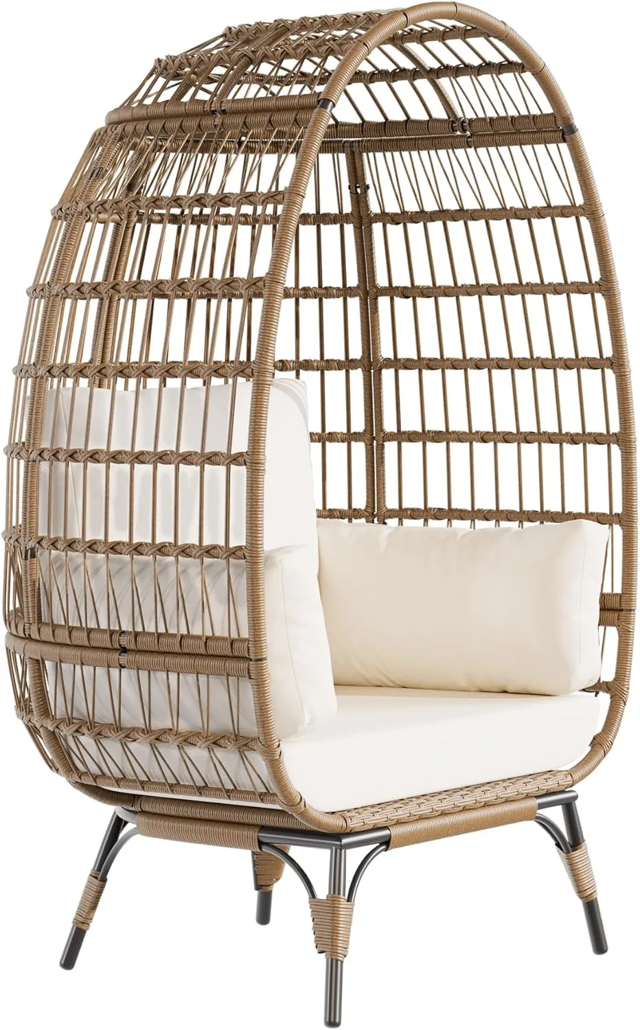 Oversize Rattan Egg Chair Indoor/Outdoor Wicker Egg Basket Lounge Chair Egg-Shaped Chair w/Steel Frame Stand and 4 Cushions for Patio, Porch, Backyard, Living Room, Beige