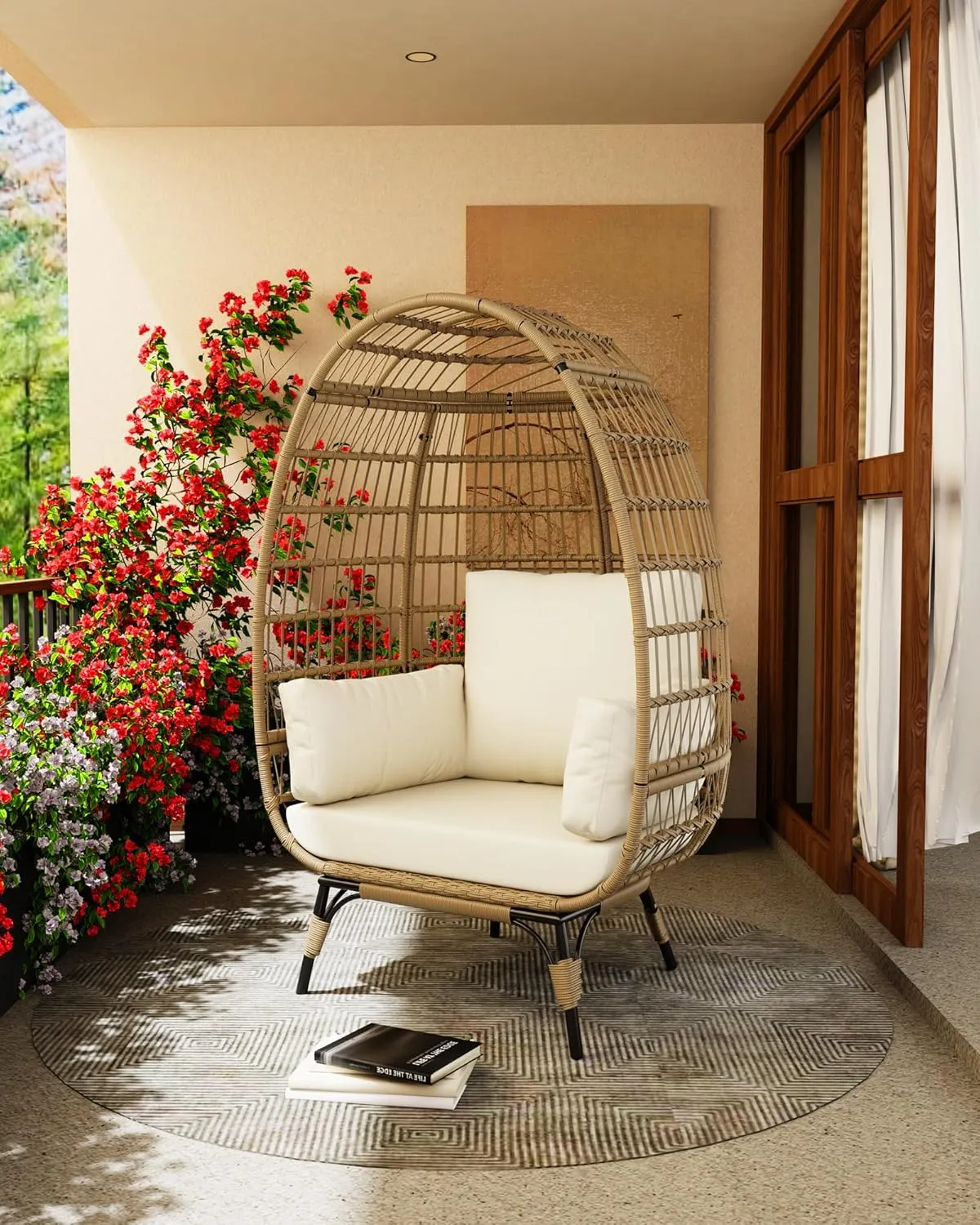 Oversize Rattan Egg Chair Indoor/Outdoor Wicker Egg Basket Lounge Chair Egg-Shaped Chair w/Steel Frame Stand and 4 Cushions for Patio, Porch, Backyard, Living Room, Beige