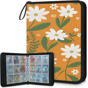 Painting White Flowers 3 Ring Trading Zipper Binder Strap, Trading Card Binder 4 Pocket, 400 Pockets Card Holder with 50 Removable Sleeves for Game Cards