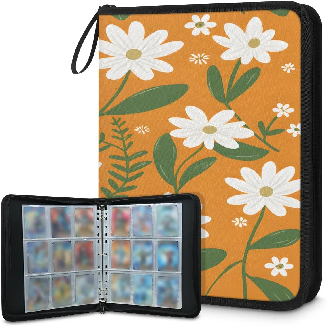 Painting White Flowers 3 Ring Trading Zipper Binder Strap, Trading Card Binder 4 Pocket, 400 Pockets Card Holder with 50 Removable Sleeves for Game Cards