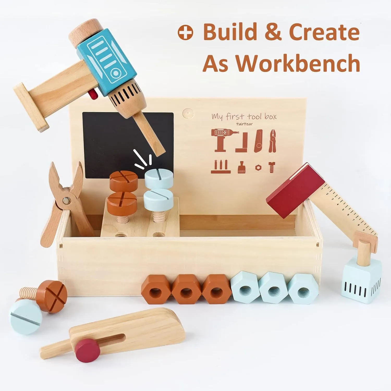PairPear Kids Tool Set,Wooden Toy Tool Box with Toy Drill,Wooden Tool Kit Toddler Construction Toys Workbench Pretend Play Gift for Boys Girls 3 Years and Up.