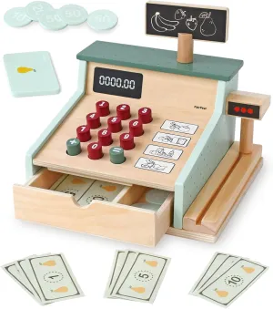 PairPear Wooden Toy Cash Register,Kids Pretend Play Money Counting Toys with Scanner and Credit Card,Toddler Cashier Toy Grocery Play Food Accessory for Pre-School Gift Boys Girls 3 