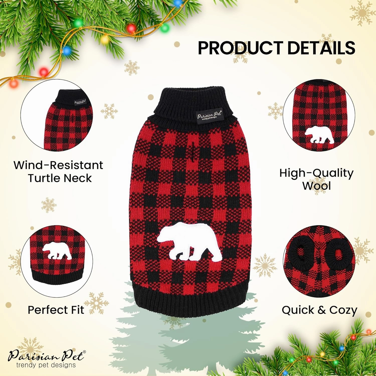 Parisian Pet Dog Sweaters - Pullover, Turtleneck Buffalo Checkered Sweater - Polar Bear Cable Knit Dog Outfit - Fall, Winter Dog Clothes - Flexible Dog Sweater for Large Dogs - L