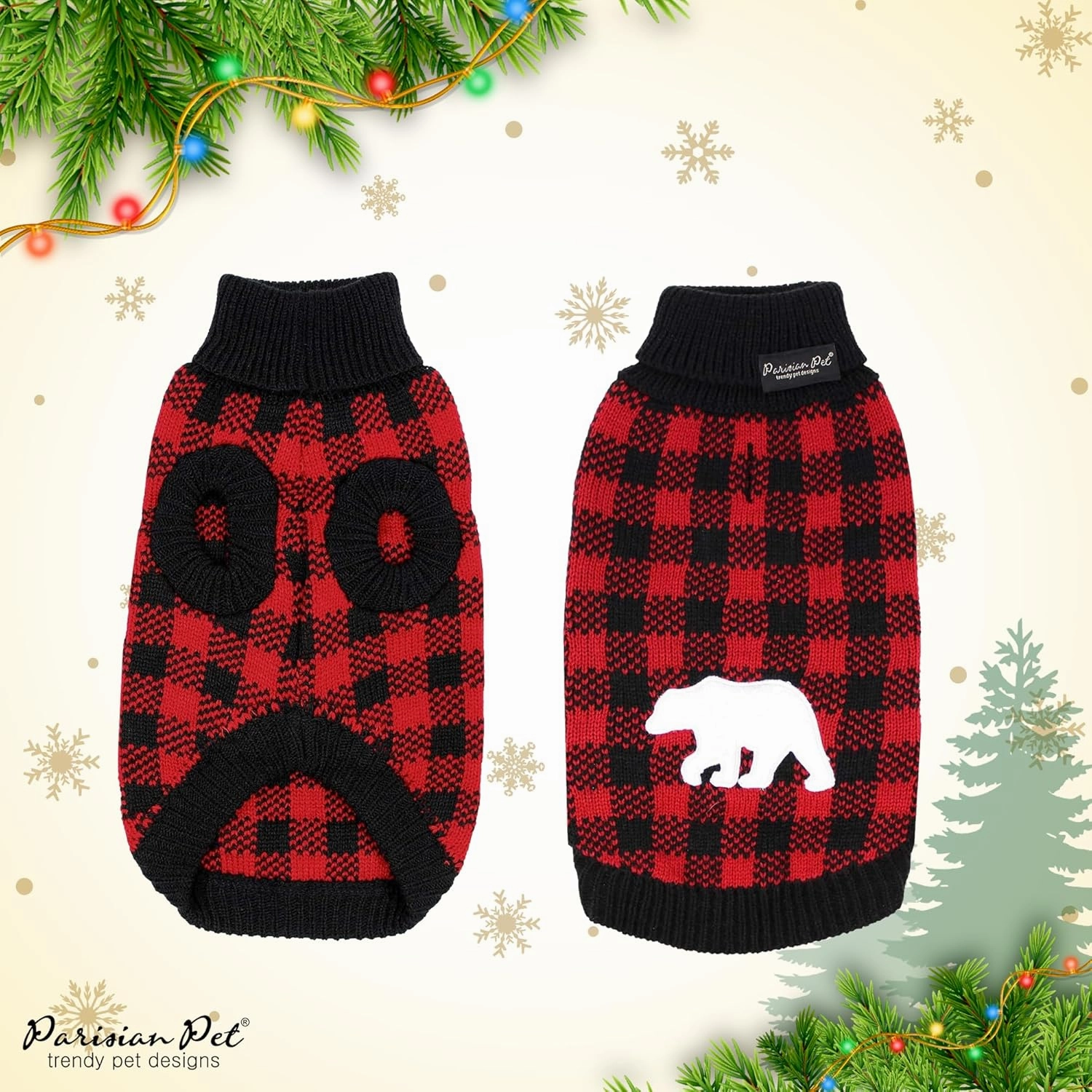 Parisian Pet Dog Sweaters - Pullover, Turtleneck Buffalo Checkered Sweater - Polar Bear Cable Knit Dog Outfit - Fall, Winter Dog Clothes - Flexible Dog Sweater for Large Dogs - L