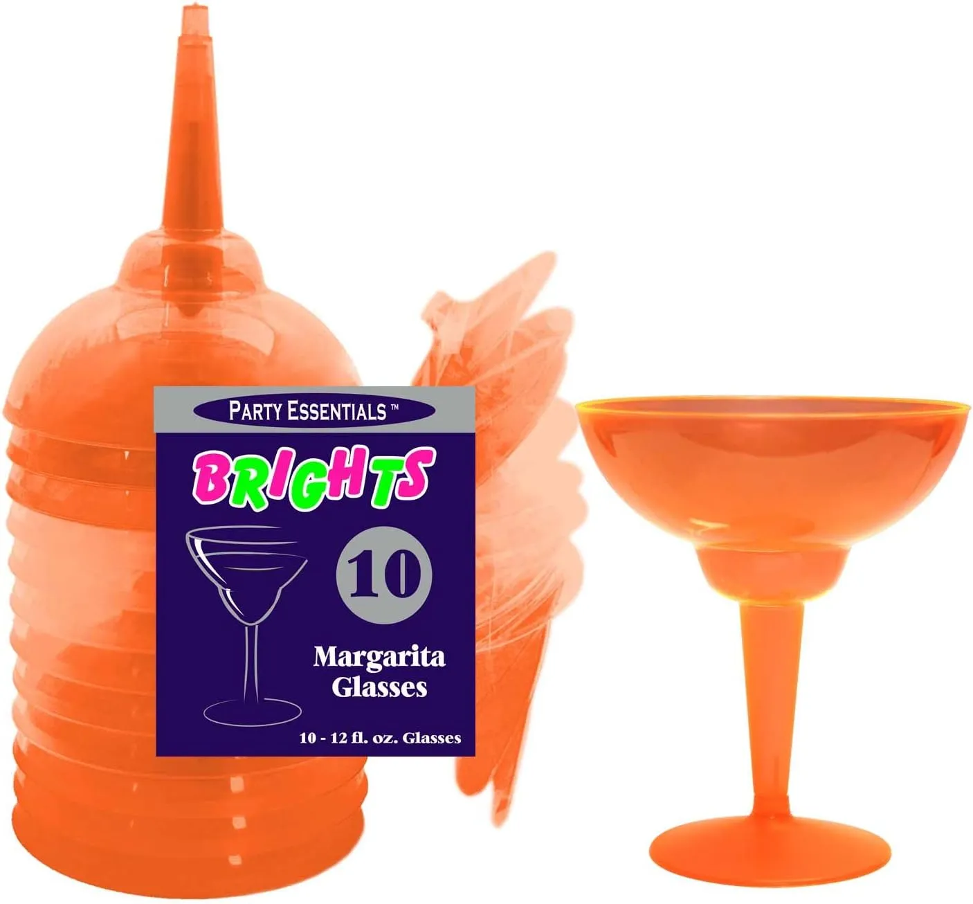 Party Essentials Hard Plastic Two Piece 12-Ounce Margarita Glasses, Neon Orange, 10 Count
