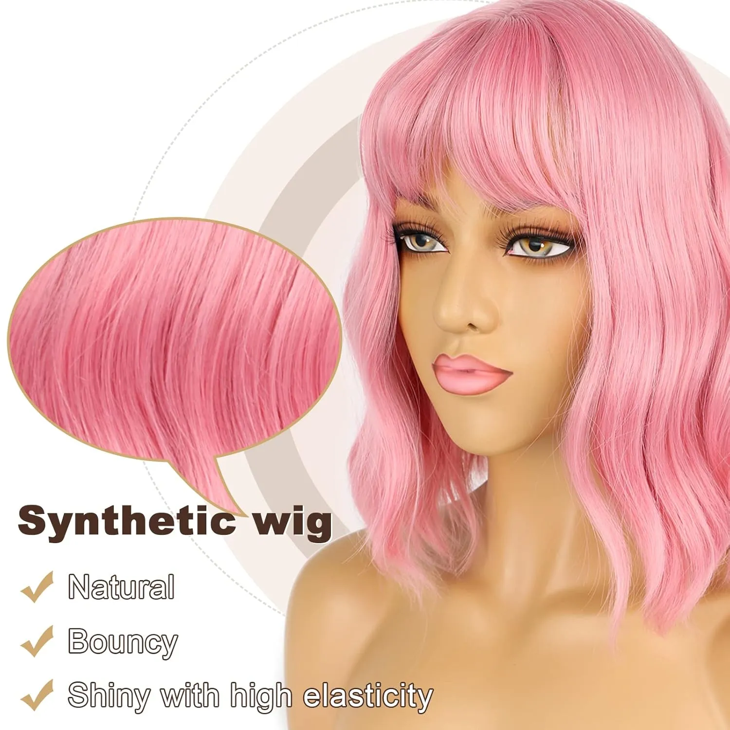 Pastel Bob Wigs with Bangs for Women Loose Wavy Wig Pastel Wavy Shoulder Length Bob Synthetic Cosplay Wig for Girl Colorful Costume Wigs (Pink)