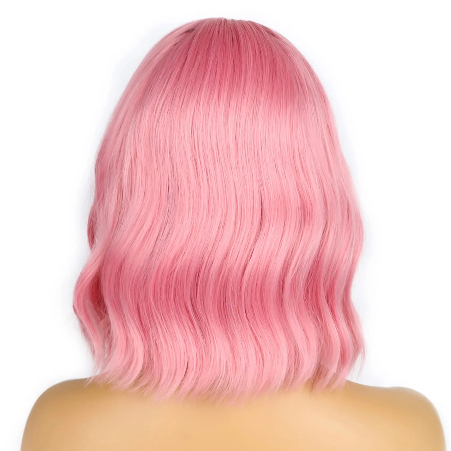 Pastel Bob Wigs with Bangs for Women Loose Wavy Wig Pastel Wavy Shoulder Length Bob Synthetic Cosplay Wig for Girl Colorful Costume Wigs (Pink)