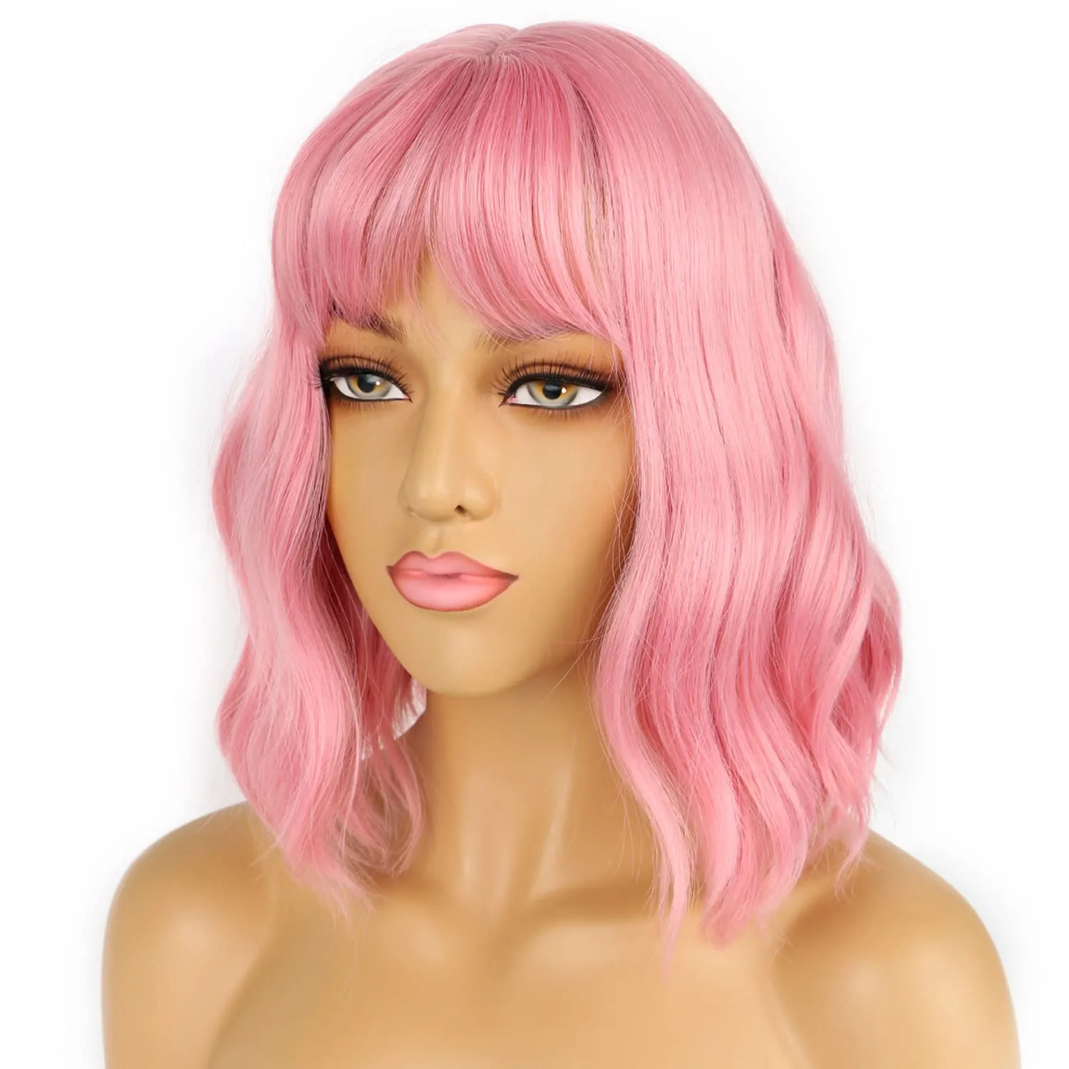 Pastel Bob Wigs with Bangs for Women Loose Wavy Wig Pastel Wavy Shoulder Length Bob Synthetic Cosplay Wig for Girl Colorful Costume Wigs (Pink)