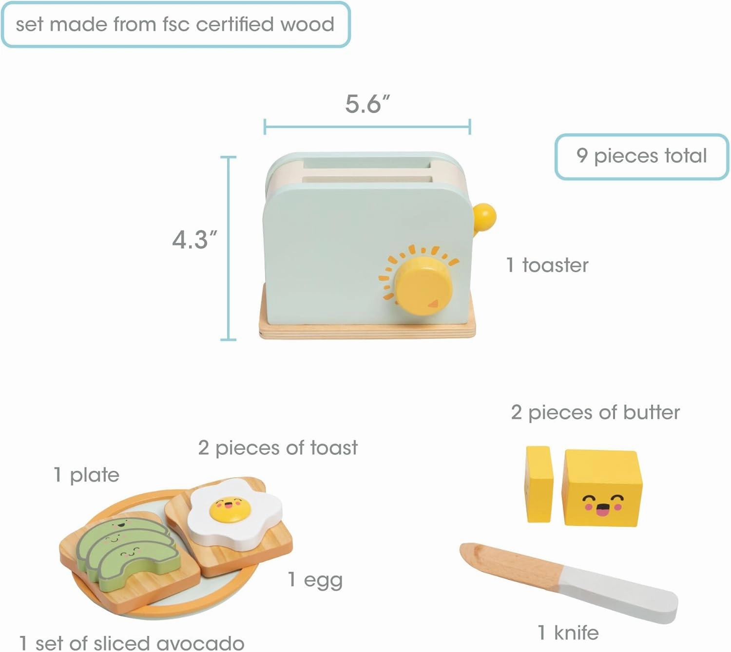 Pearhead Brunch Time Montessori Toy Toaster Oven Set, Wooden Developmental Learning Toys, Pretend Play Kitchen Set for Toddlers Ages 3  Years, 9 Piece Wooden Play Toy Set