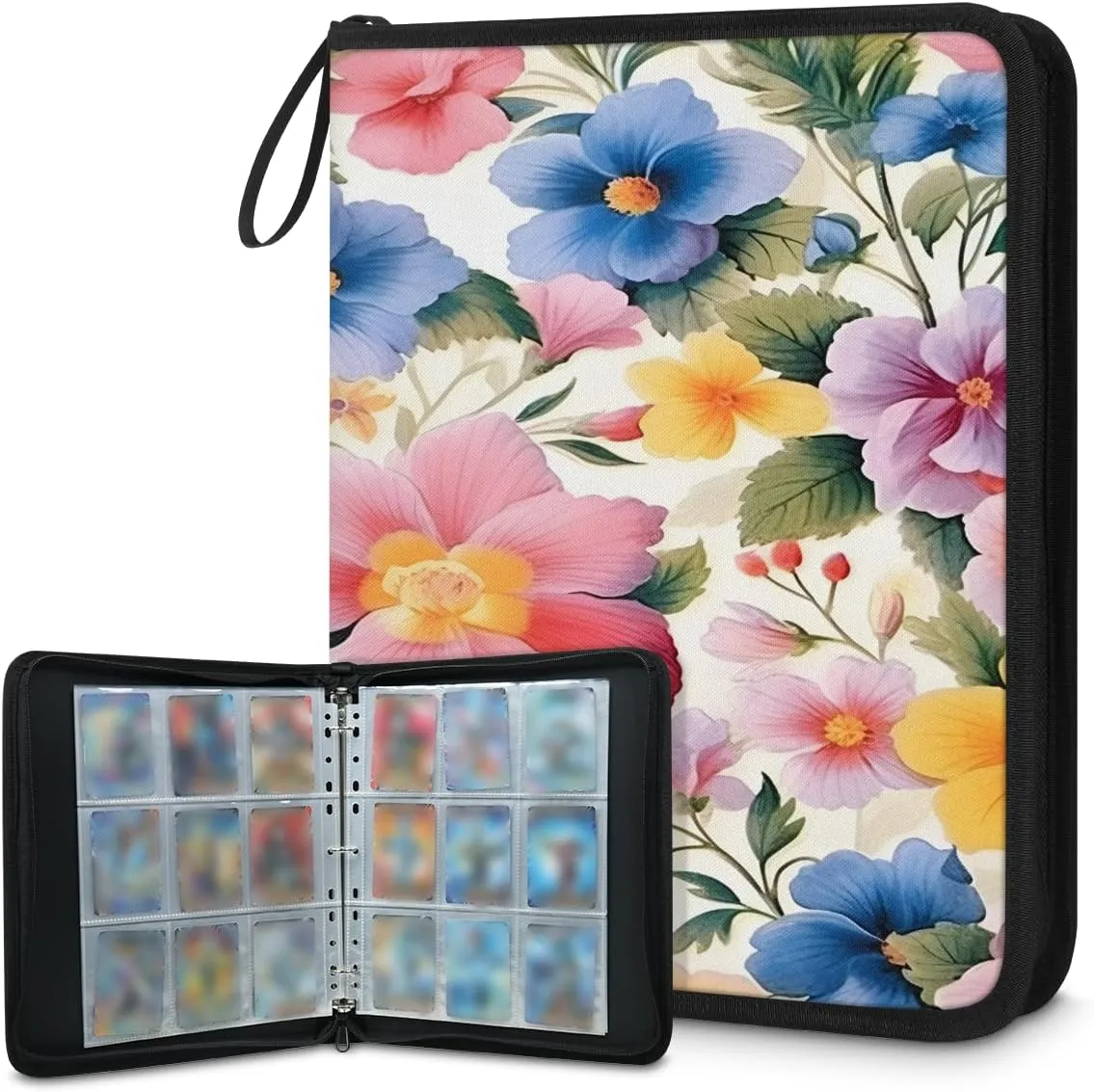 Peony 3 Ring Trading Zipper Binder Strap, Trading Card Binder 9 Pocket, 900 Pockets Card Holder with 50 Removable Sleeves for Game Cards