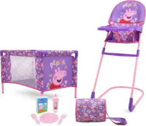 Peppa Pig: at Home 8pc Set - Purple, Pink, Flowers - Play Yard, Highchair, Handbag, Feeding Accessories, for Dolls Up to 18", Kids Toy, Ages 3 