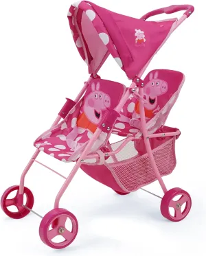 Peppa Pig: Doll Twin Stroller - Pink & White Dots - Fits Dolls Up To 24", Retractable Canopy, Easy to Fold for Storage & Travel, For Dolls Plushes &-Stuffed Animals, Pretend Play For Kids Ages 3 