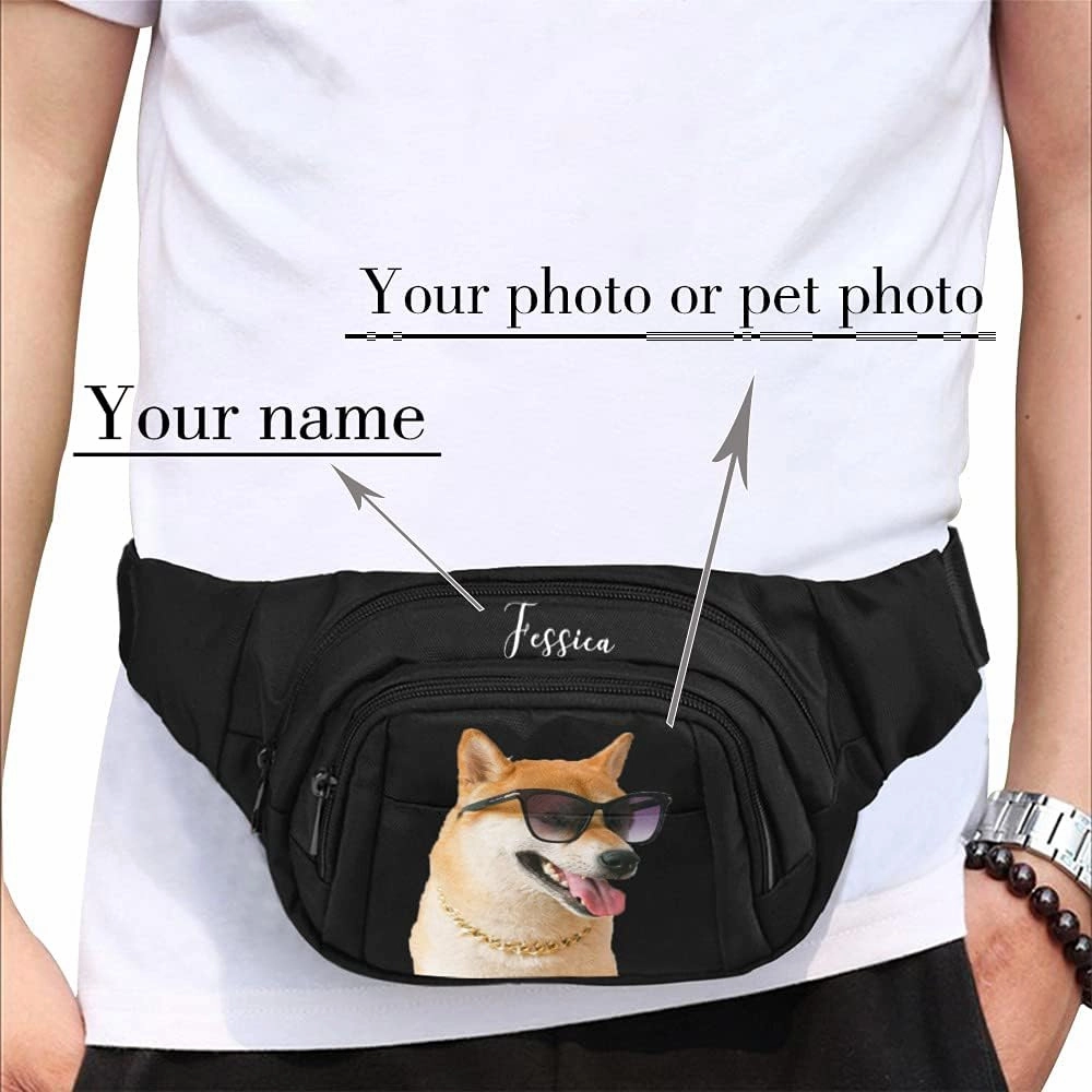 Personalized Fanny Bag for Women Men with Photo Name, Customized Picture Fashion Waist Bag Water Resistant Hip Bum Bag with Adjustable Belt for Travel Hiking Cycling Running (black)