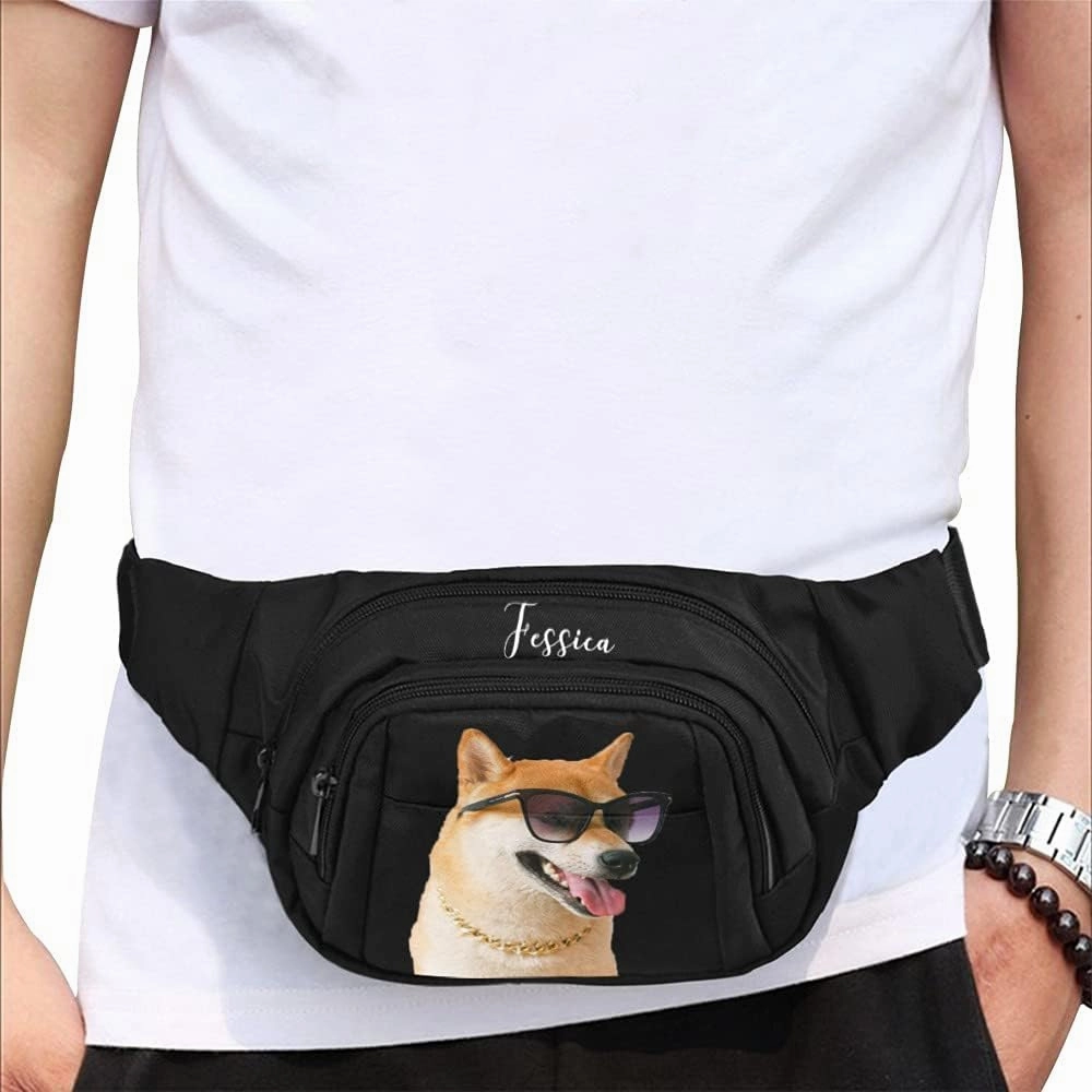Personalized Fanny Bag for Women Men with Photo Name, Customized Picture Fashion Waist Bag Water Resistant Hip Bum Bag with Adjustable Belt for Travel Hiking Cycling Running (black)