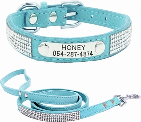 Personalized Rhinestones Dog Collars and Leash Combo Set 5 Rows Bling Rhinestone Soft Suede Leather Diamond Collar for Pet Cat Dog/Blue-S
