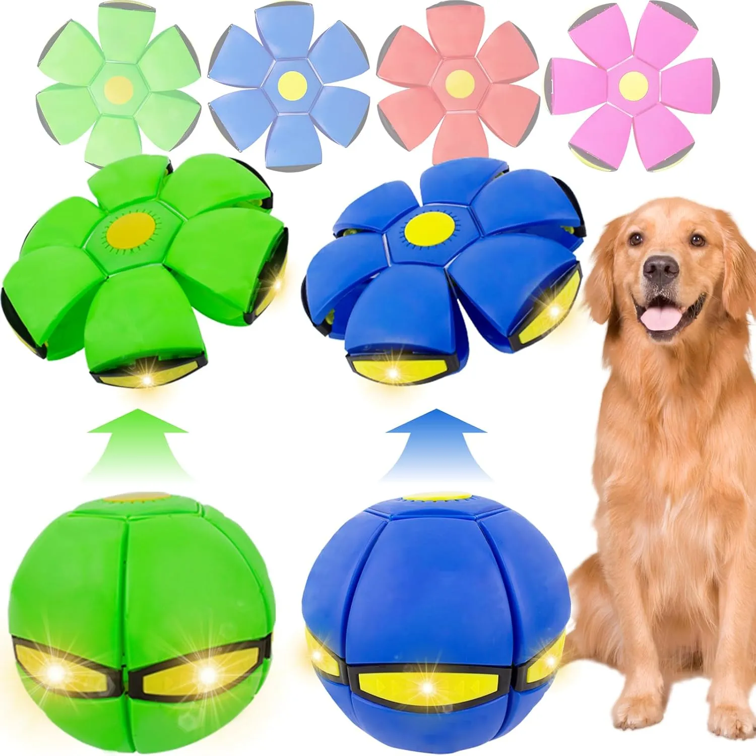 Pet Toy Flying Saucer Ball with 3 Lights for Dogs, 2 Pack Dog Flying Disc for Dogs, Interactive Doggy Disc Ball for Medium Large Dogs, Doggy Disc Balls Blue Green