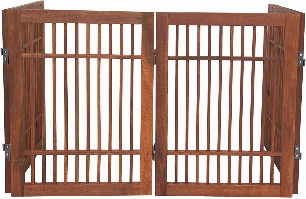 Pet Dog Gate Strong and Durable Freestanding Folding Acacia Hardwood Portable Wooden Fence Indoors or Outdoors by Urnporium (Brown Pet Gate, 4 Panel 24" Tall)